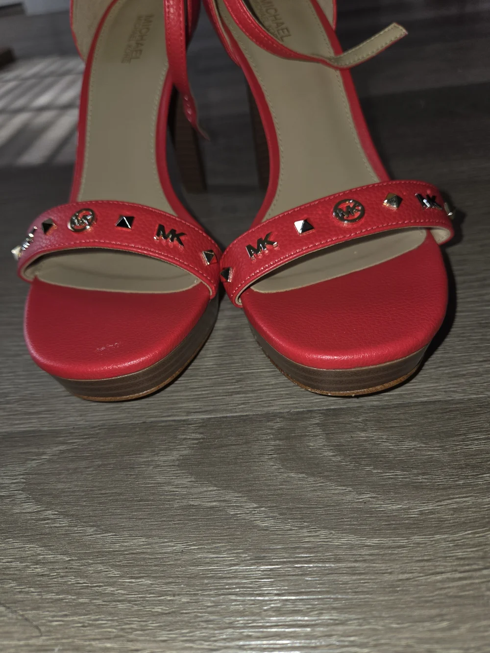 Michael Kors Coral-Red Studded Ankle-Strap Heels